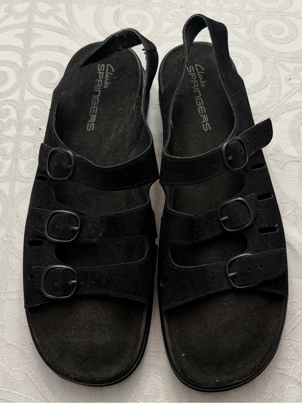 Clarks Springers Black Suede Multi-Strap Slingback Sandals Woman Lady Size 10